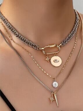 Gold & Silver Charm Necklace Chain Multilayer Pendant Tarnish Free
